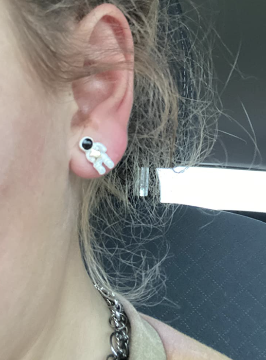 A customer submitted photo of them wearing the earrings