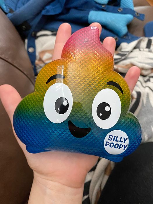 Reviewer holding the rainbow-colored poop toy.