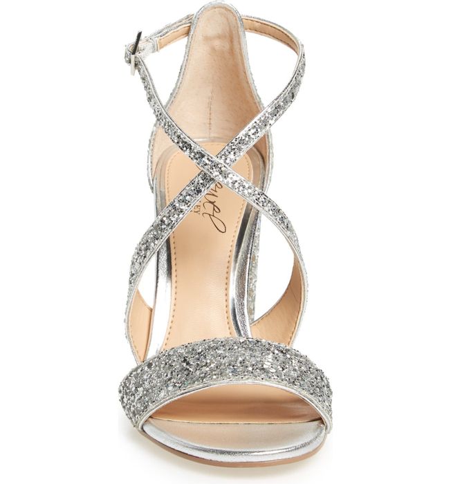 A front view showcasing the silver glitter heel.