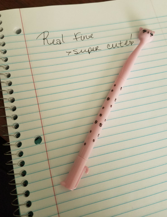 A customer review image of one of the pens beside a sample of writing that reads, 'real fine and super cute!'