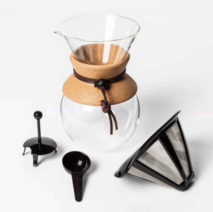 The pour-over coffee maker and all its components.