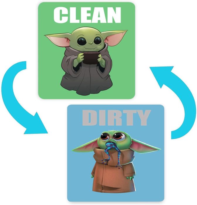 The dirty side of the magnet features Baby Yoda munching on a frog, while the clean side shows him sipping a bowl of soup.