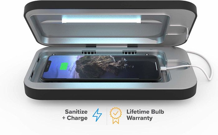 The Phonesoap device, shown open with a phone inside it.
