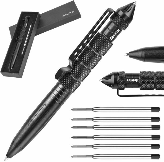 The pen with its various parts, designed for both writing and self-defense, featuring a sturdy point for emergency use.