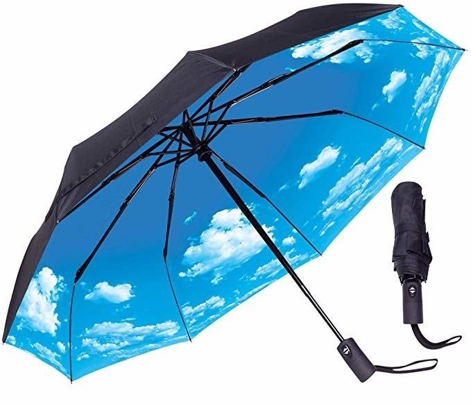 A black umbrella with a blue sky print inside when opened.