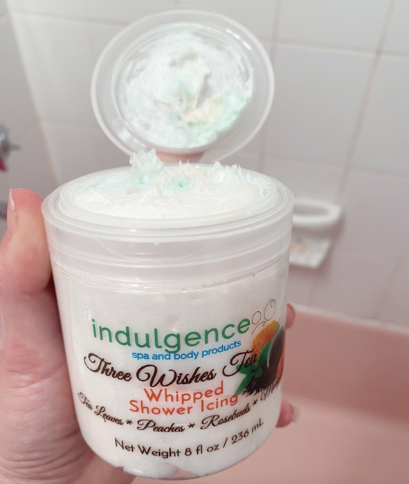A jar of Three Wishes Tea-flavored shower frosting