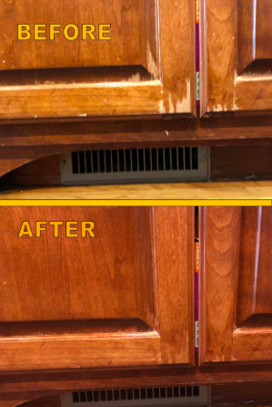 A reviewer’s photo showing scratched kitchen cabinets, followed by another showing them restored to a like-new condition with the help of the wood polish.