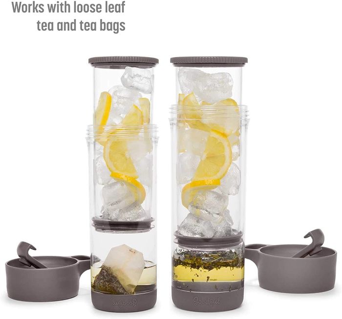 The tea tumbler displayed with either a tea bag or loose leaf tea, ready for a fresh brew.