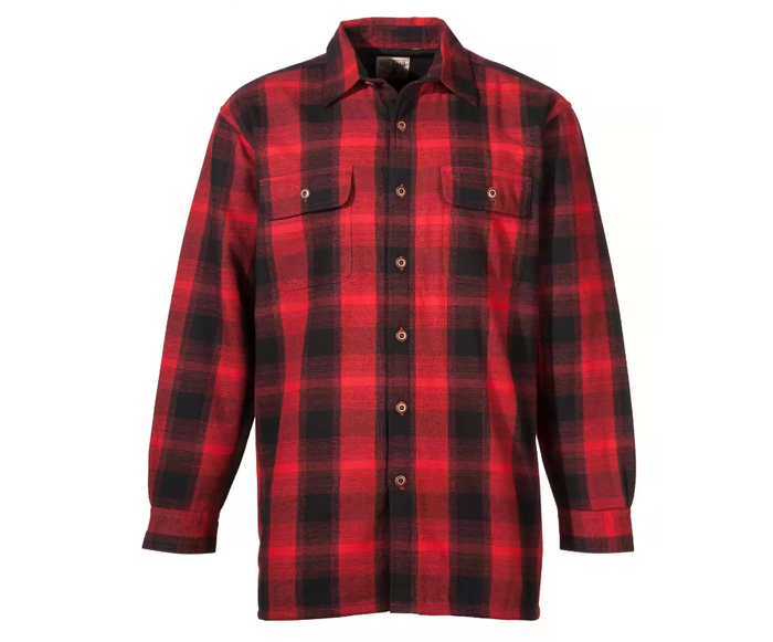 A red and black buffalo plaid long sleeve button-down shirt that's perfect for keeping warm while adding a bit of festive flair.