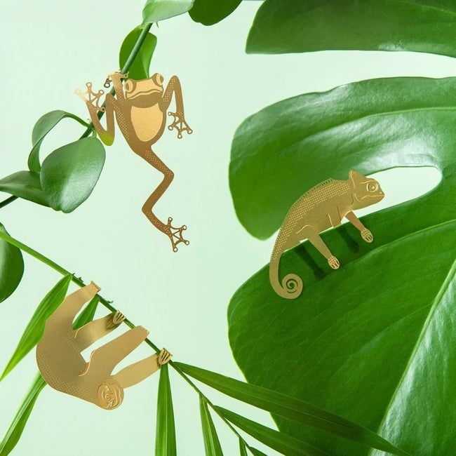 Several of the golden critters placed on plants