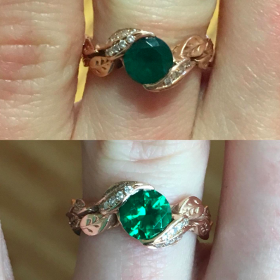 A photo showing a dirty ring, then a bright, gleaming ring restored with the help of a cleaner.