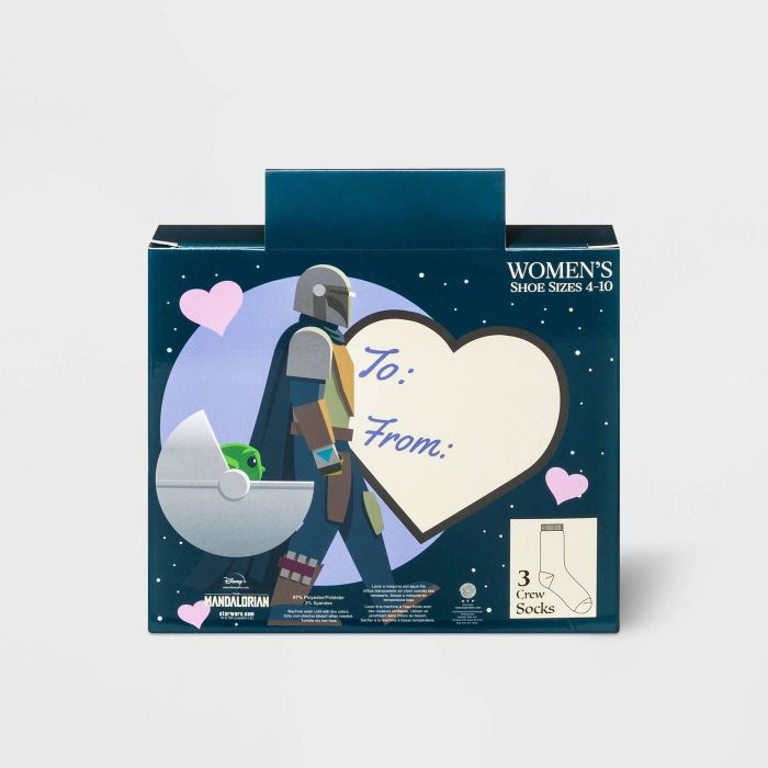 The attached card, showcasing an illustration of the Mandalorian and Baby Yoda, with a heart-shaped space to write a 'to' and 'from'.