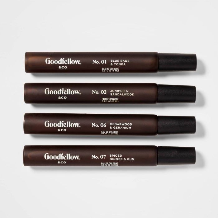 The set includes four different colognes, each packaged in small, travel-friendly tubes.