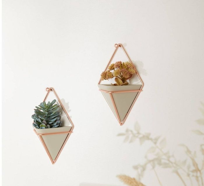 The planters, which feature a geometric design in light hues, with a brass-colored frame for easy wall hanging.