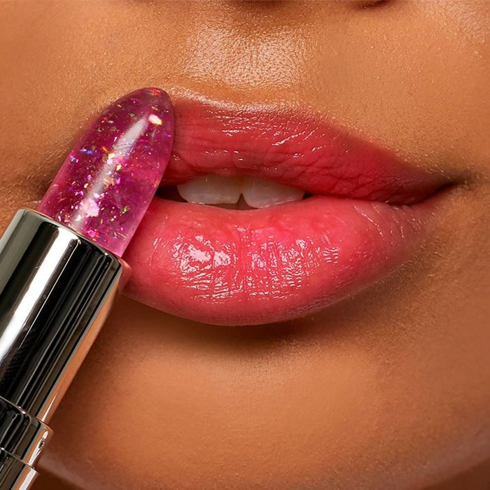 The stain, which applies clear or with a light pink tint, leaving no glitter behind.