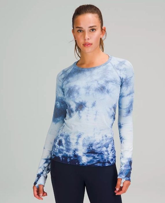 Model sporting the blue tie-dye shirt