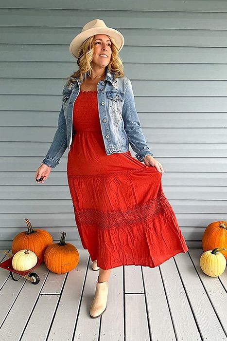 A different reviewer wearing the red maxi dress