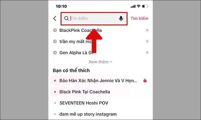 nhấp vào ô tìm kiếm để thực hiện tìm lại video đã xem trên TikTok
