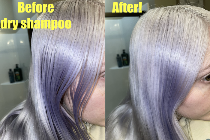 A reviewer’s photo of a person with lavender hair before and after using the dry shampoo