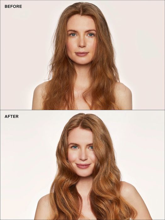 A before-and-after image showing a model's hair shiny and voluminous after using Eva NYC products