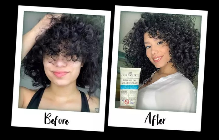 before and after showing a model's frizzy curls transformed into defined curls