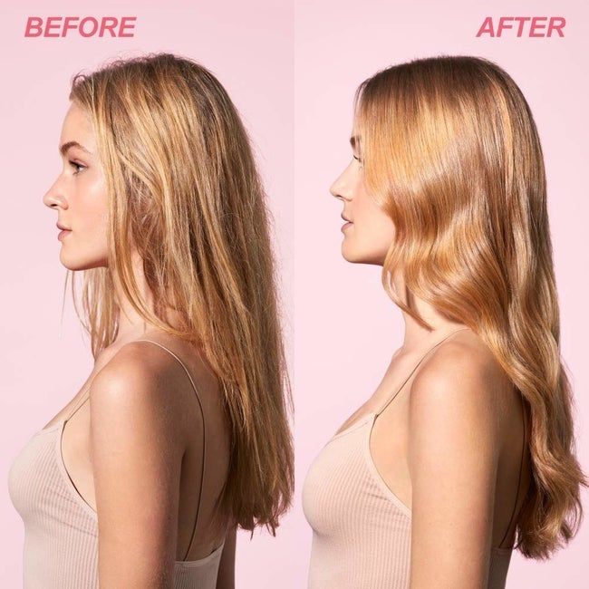 A model demonstrates the before-and-after results of using Briogeo Farewell Frizz Rosarco Milk Leave-In Conditioning Spray.