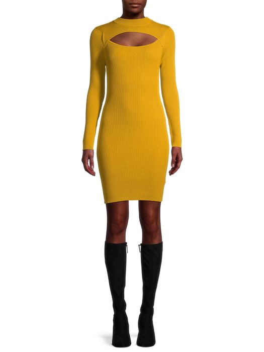 Model showcasing the dress in gold