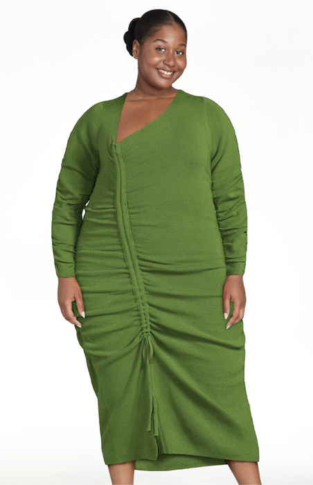model showcasing the dress in green