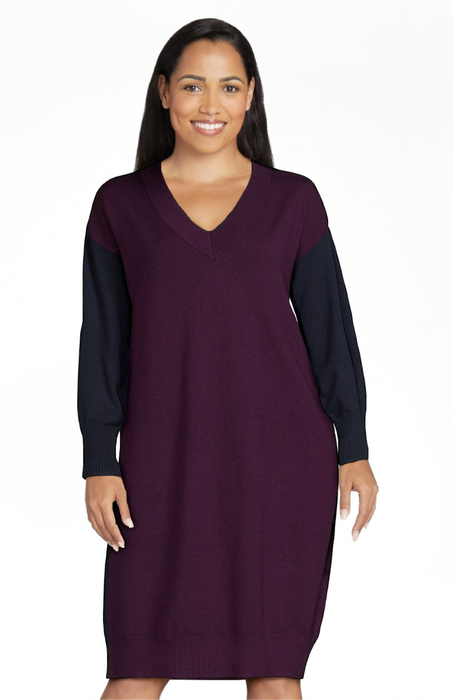 Model showcasing the dress in purple