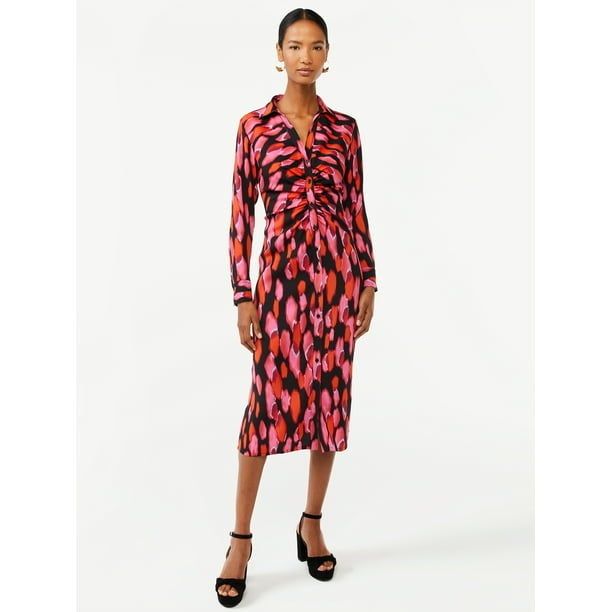 model wearing the dress in the pink brush dot pattern