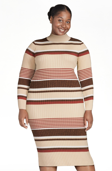 model showcasing the dress in red and brown stripes