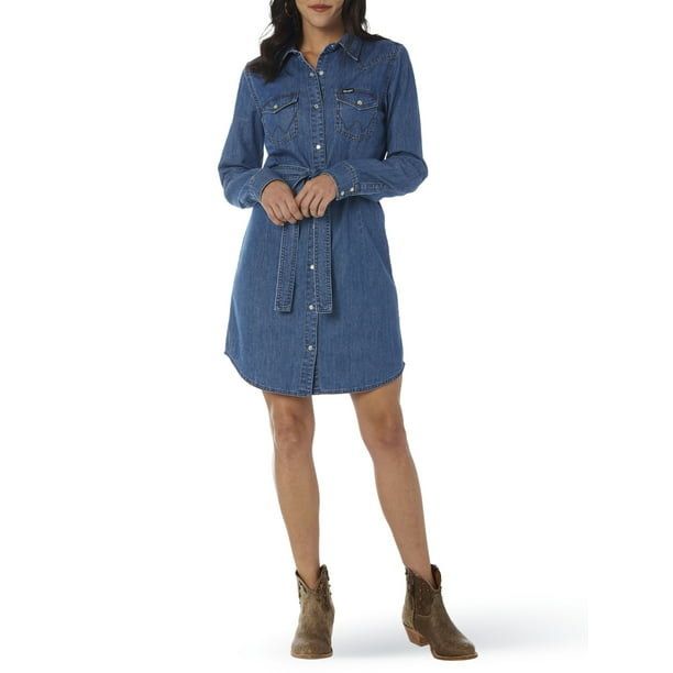 model showcasing the denim dress in a mid-wash shade