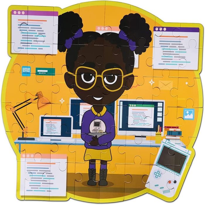 a puzzle showing a young girl surrounded by technology