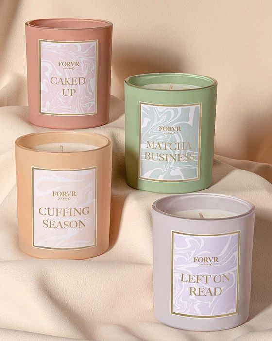 The four candles in this set are: Caked Up, Matcha Business, Cuffing Season, and Left On Read