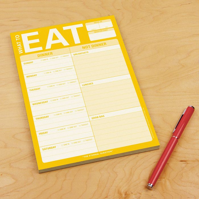 A blank 'What to Eat' notepad with designated spaces for each day of the week to help organize meals.