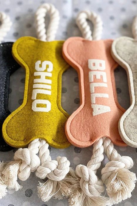 Two of the toys, each personalized with a name, are shown here.