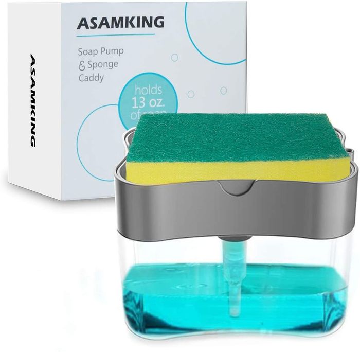 A soap-dispensing sponge caddy with the sponge perched atop and the soap resting in the bottom section, keeping everything tidy.