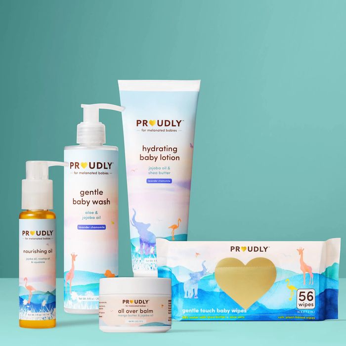 a set of Proudly products, including baby lotion, baby wash, oil, balm, and baby wipes