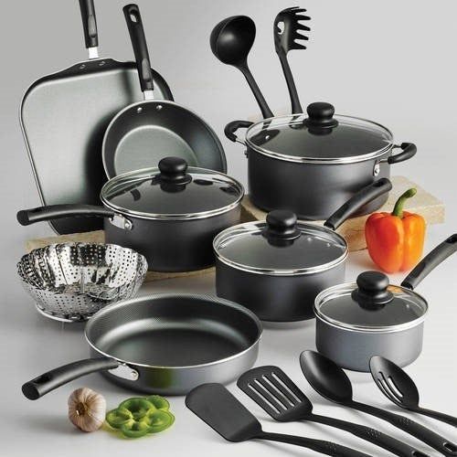 This black and grey set includes a variety of pots, pans, and utensils.