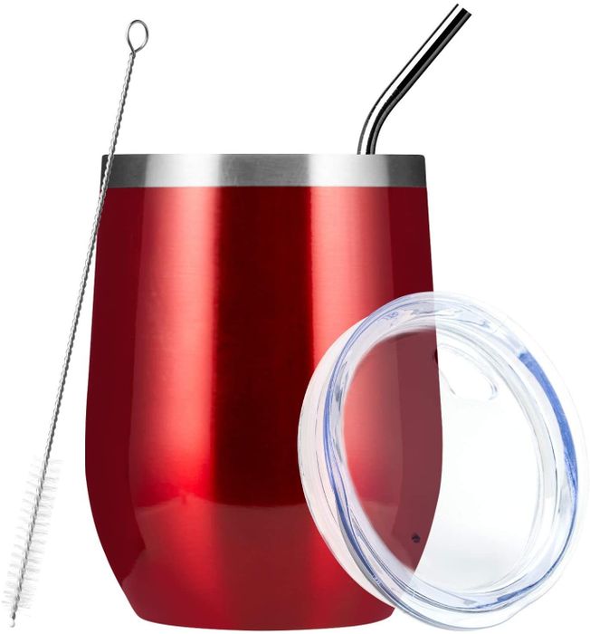 A sleek red wine tumbler with a straw and cleaning brush, making every sip of their favorite drink even more delightful.