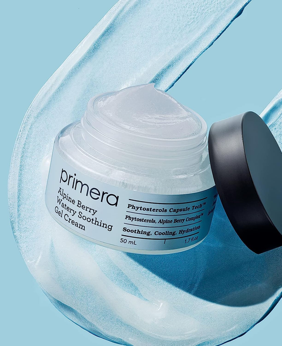 A jar of Primera Alpine Berry Watery Soothing Gel Cream, featuring a black lid and highlighting its Phytosterols Capsule Tech, promises soothing, cooling, and hydrating benefits.