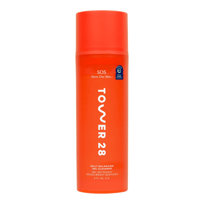 Tower 28 SOS (Save.Our.Skin) Daily Balancing Gel Cleanser in an orange bottle with white text, including a seal in the top right corner