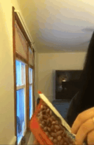 A gif shows the reviewer using the grey device to reseal a bag of almonds, then flipping it upside down to demonstrate its effectiveness.