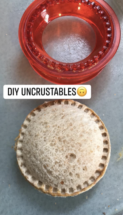 A customer review featuring a photo of their DIY Uncrustables creation.