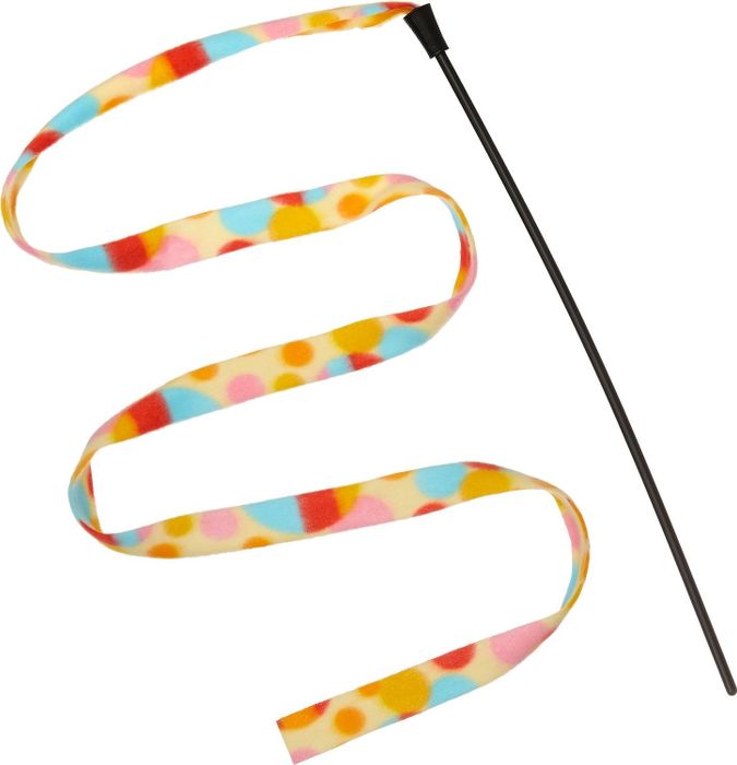 The string toy in vibrant polka dots of yellow, pink, and blue.