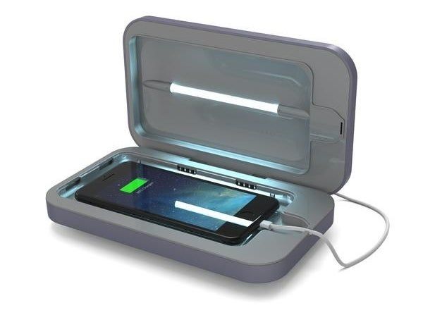A periwinkle-colored smartphone sanitizer with a phone placed inside, showcasing its design.