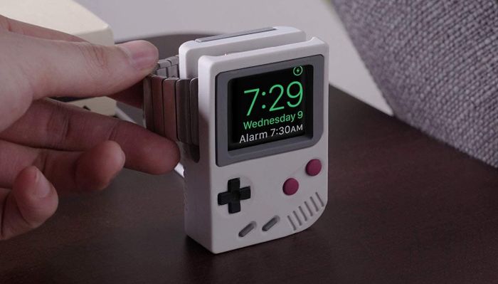 The Apple Watch stand is crafted to resemble the classic Game Boy design.