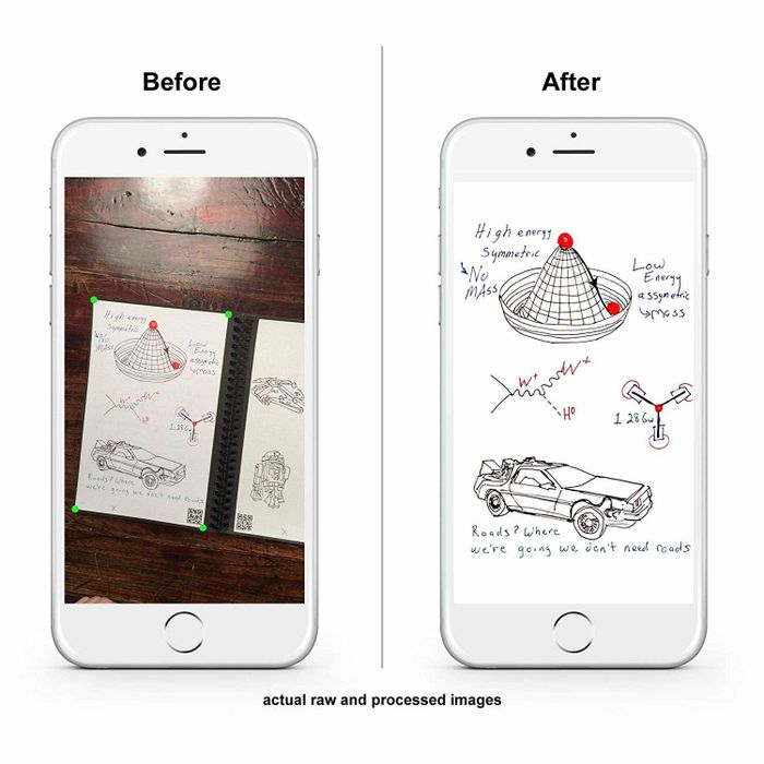 The app converting a physical sketch in the notebook into a digital version through a photo.