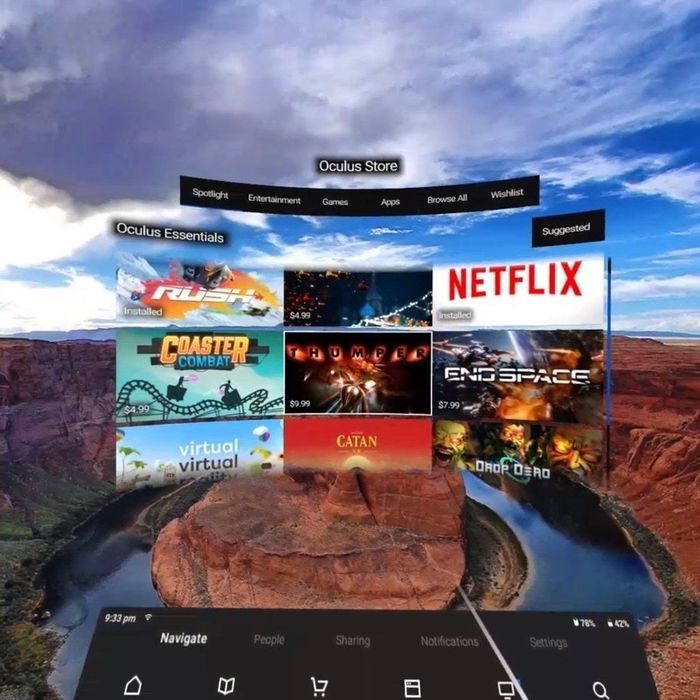 A first-person view of a person using the Oculus Go, displaying a captivating virtual environment and a variety of apps to explore.