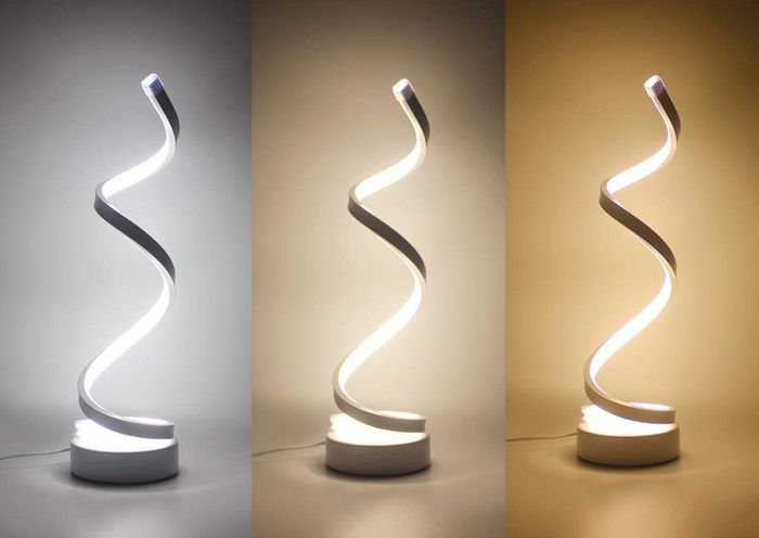 The LENIVER LED Modern Minimalist Spiral Desk Lamp offering three different light settings.